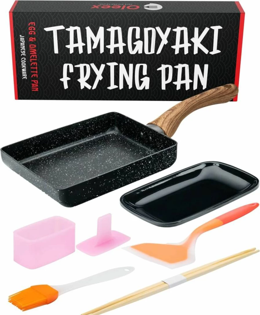 OLEEX YOUR KITCHEN HELPER 5x7 Inch Square Tamagoyaki Pan Set - Nonstick PFOA-Free Japanese Omelette Frying Pan with Spatula, Musubi Mold & Cooking Accessories for Multifunctional Kitchen Use