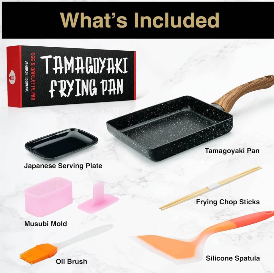 OLEEX YOUR KITCHEN HELPER 5x7 Inch Square Tamagoyaki Pan Set - Nonstick PFOA-Free Japanese Omelette Frying Pan with Spatula, Musubi Mold & Cooking Accessories for Multifunctional Kitchen Use