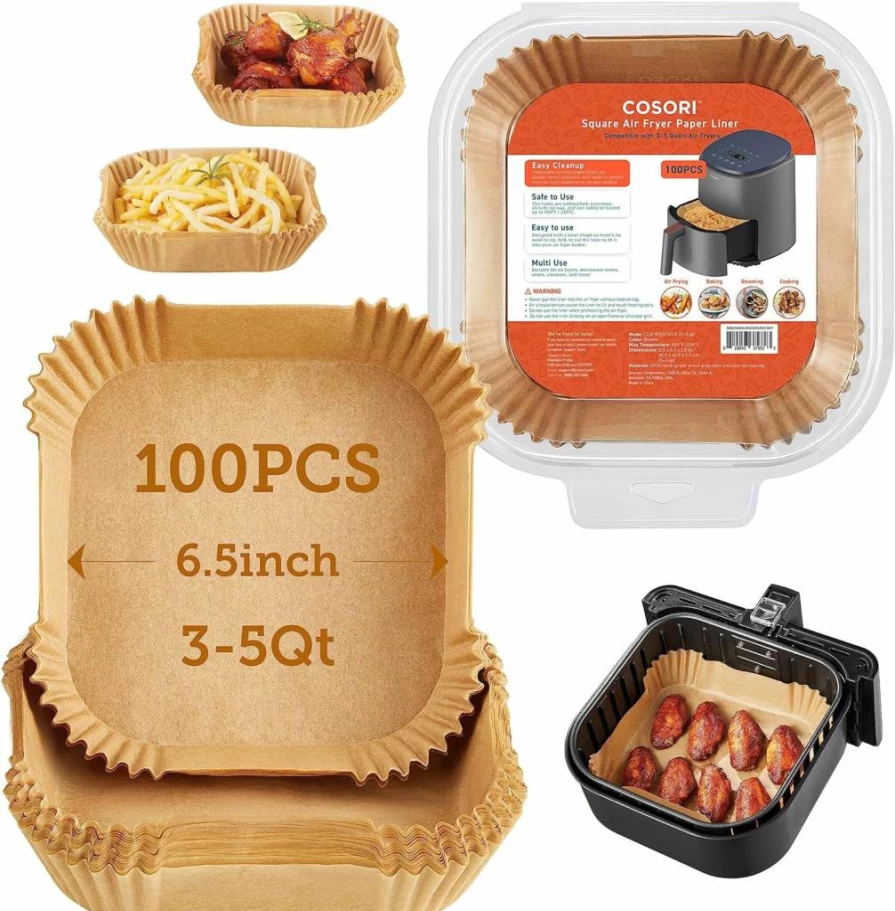 COSORI 100-Pack Square Air Fryer Liners, 7.9" Unbleached Non-Stick Paper Sheets, Heat-Resistant Up to 465°F, Disposable & Easy Clean for Air Fryer Cooking