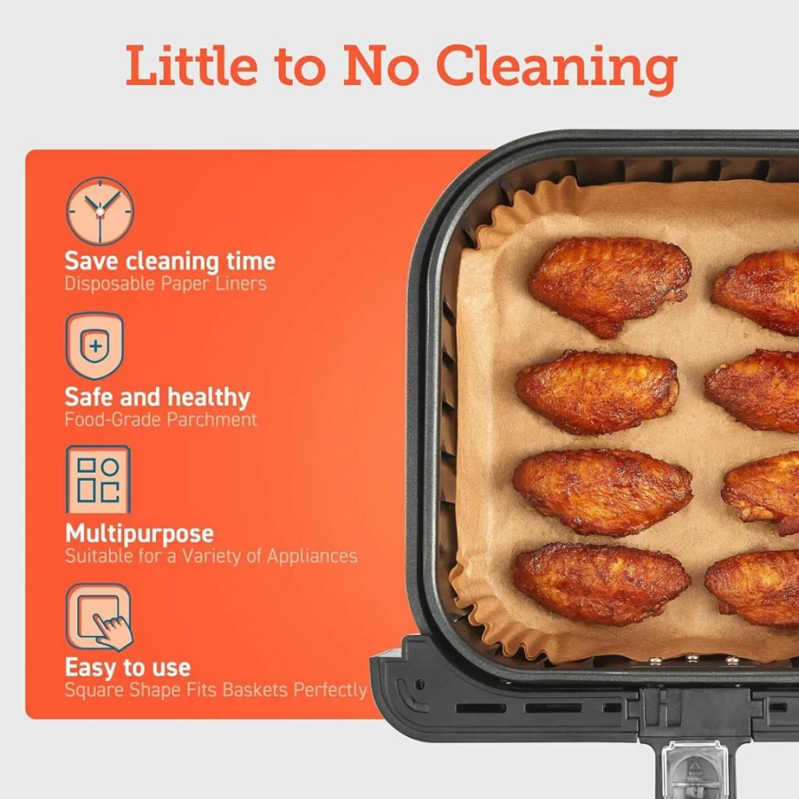 COSORI 100-Pack Square Air Fryer Liners, 7.9" Unbleached Non-Stick Paper Sheets, Heat-Resistant Up to 465°F, Disposable & Easy Clean for Air Fryer Cooking