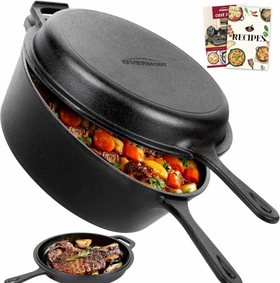 Overmont 3.2Qt Cast Iron Dutch Oven with Skillet Lid – 10.5 Inch Enameled Pot for Stovetop, Oven, Grill & Induction Cooktops