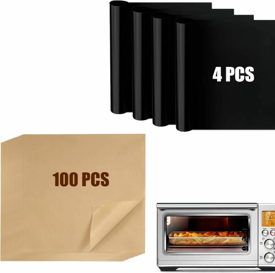SIUDANGKA 100 Pcs Air Fryer Liners for Breville Smart Oven Air Fryer Pro, Unbleached Parchment Paper Sheets with 4 Oven Liners Accessories, Compatible with BOV900BSS