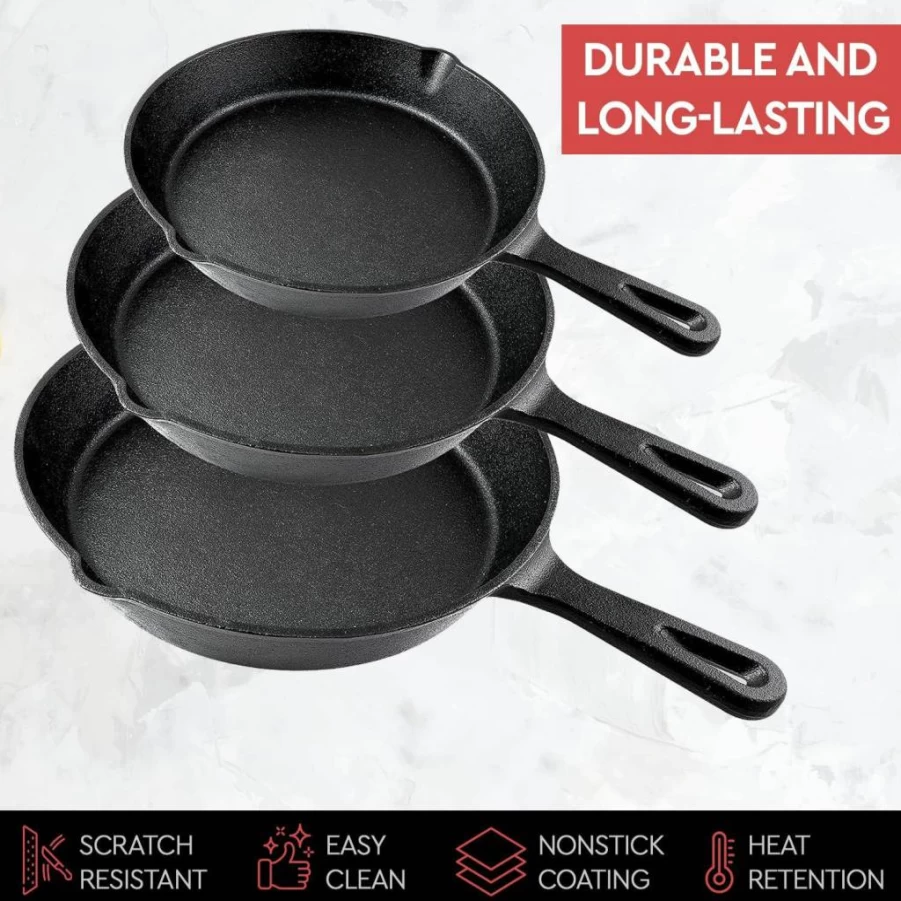 Simple Chef Cast Iron Skillet Set - 3-Piece Pre-Seasoned Cookware (6", 8", 10") - Heavy Duty Black Iron Pans for Frying, Baking, Searing & Stovetop to Oven Use - Professional Restaurant Grade Skillets