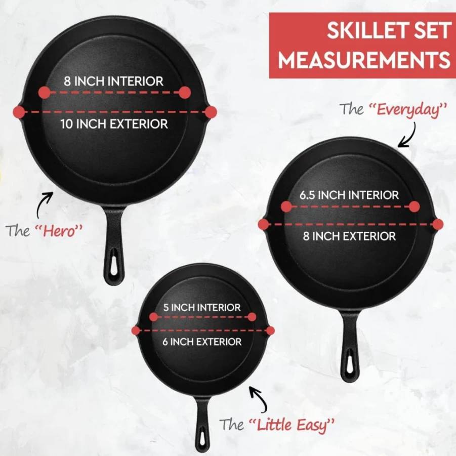 Simple Chef Cast Iron Skillet Set - 3-Piece Pre-Seasoned Cookware (6