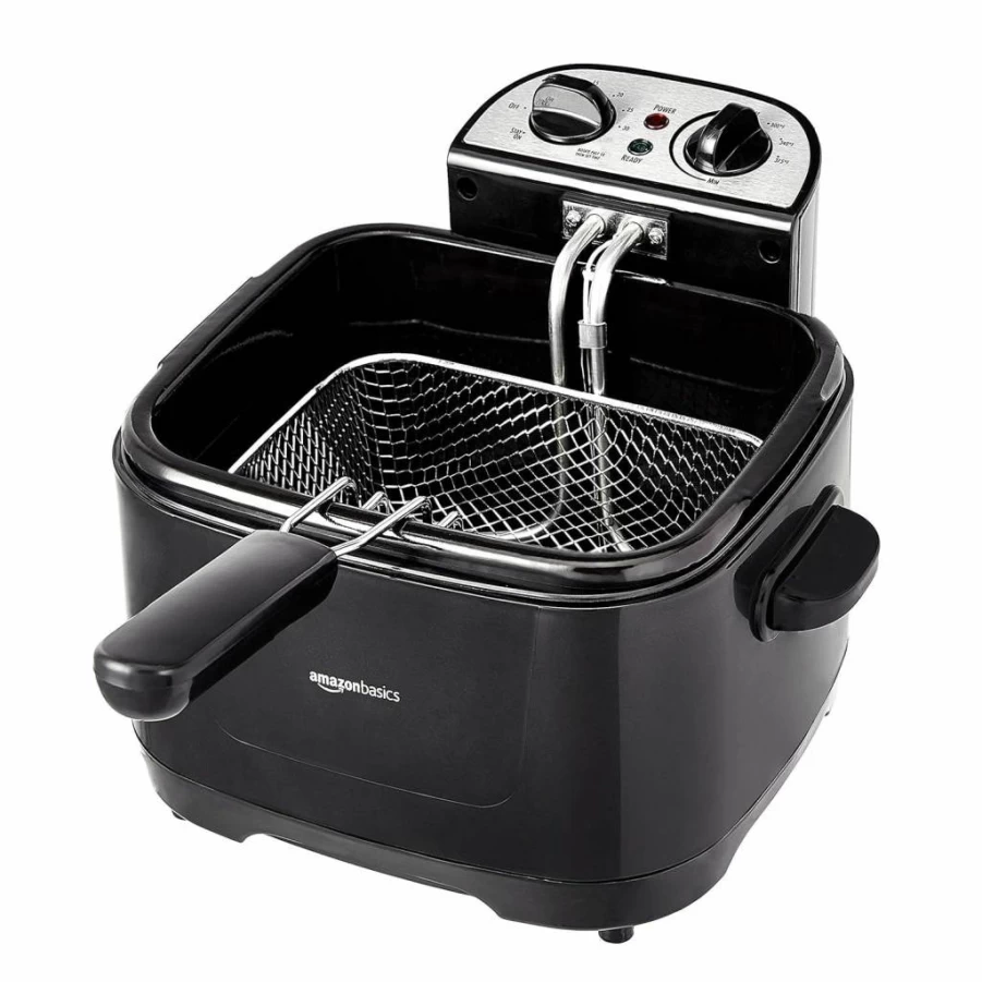 Amazon Basics 3-Quart Deep Fryer with Adjustable Temperature, Removable Basket, Stainless Steel Design, and Viewing Window - 1500W, Black & Silver