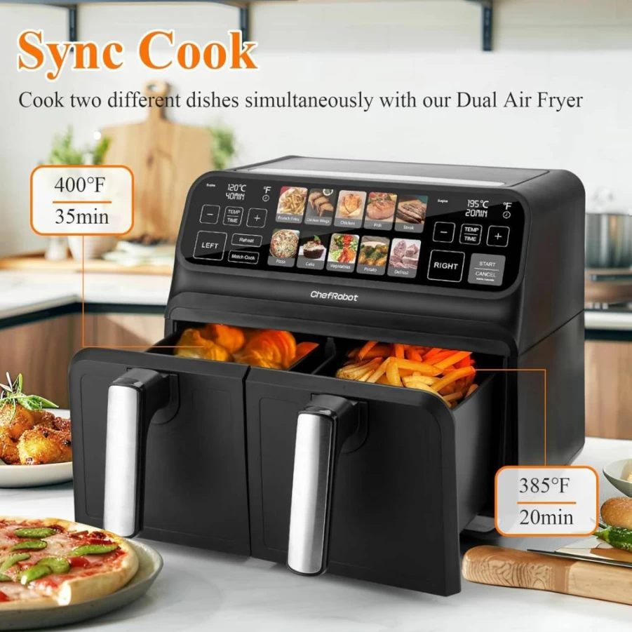 Chef Robot Dual Basket Air Fryer 8QT with TFT Touch Screen, Large Family Size, Non-Toxic Coating for Kitchen & RV