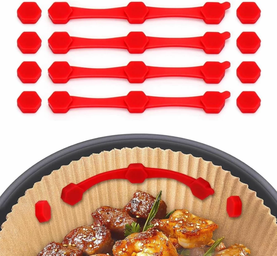 12Pcs Solldgt Silicone Air Fryer Magnets for Secure Parchment Paper Liners, Non-Slip Buckle Locks to Prevent Burning, Compatible with Ninja Crispi and Other Air Fryers (Red)