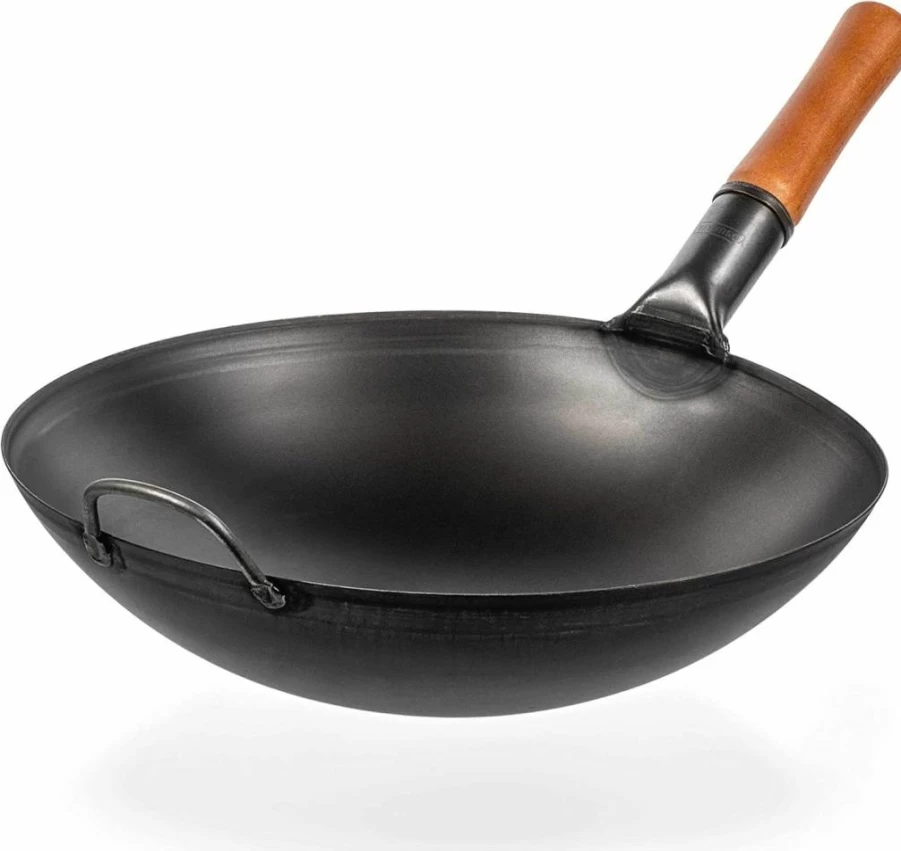 YOSUKATA 14" Carbon Steel Wok - Pre-Seasoned Round Bottom Pan for Stir Fry, Gas Stove, Open Fire, Grill & Camping - Traditional Chinese & Japanese Cookware