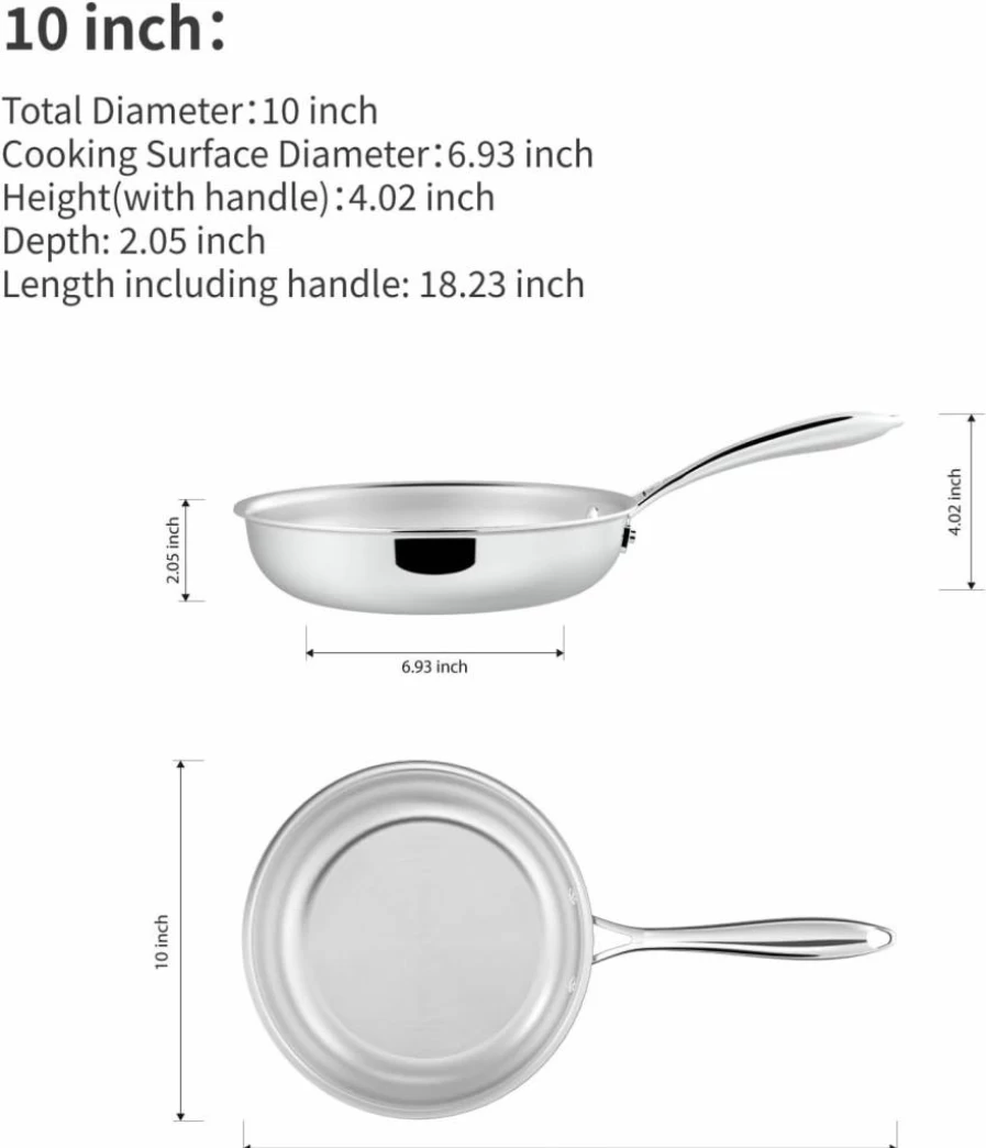 SANFELA 12 Inch 5-Ply Stainless Steel Skillet Pan, Induction Compatible, Oven & Dishwasher Safe, Even Heat Distribution Cookware