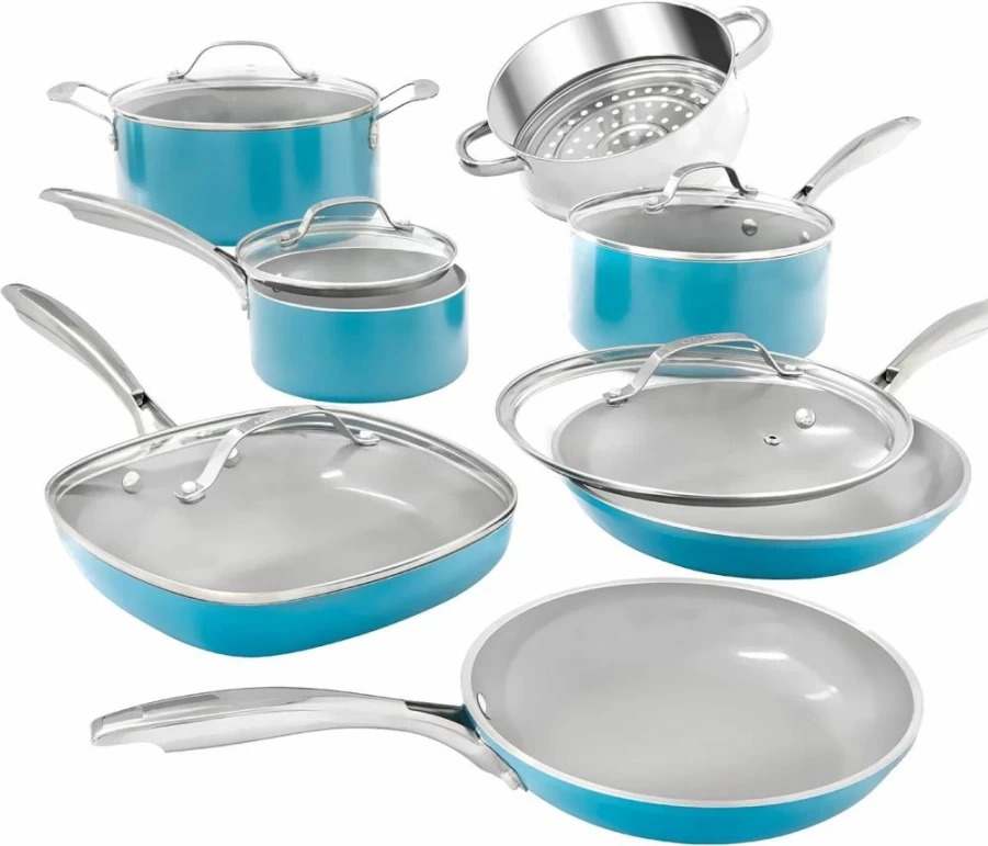 GOTHAM STEEL 12-Piece Nonstick Ceramic Cookware Set, Aqua Blue Pots and Pans, Frying Pans, Stockpots & Saucepans, Oven & Dishwasher Safe, PFOA Free, Turquoise