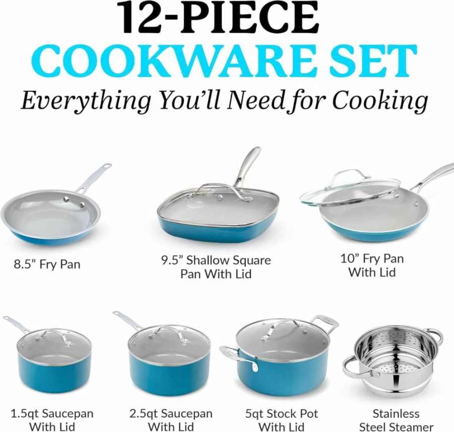 GOTHAM STEEL 12-Piece Nonstick Ceramic Cookware Set, Aqua Blue Pots and Pans, Frying Pans, Stockpots & Saucepans, Oven & Dishwasher Safe, PFOA Free, Turquoise