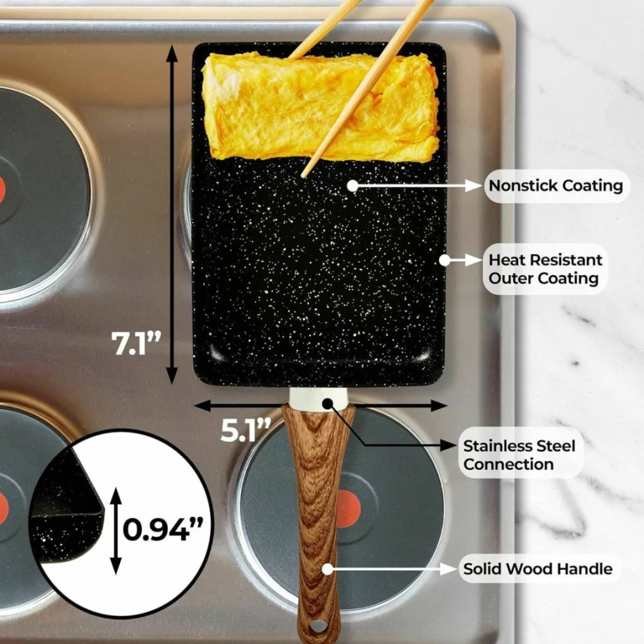 YumOmNom Nonstick Tamagoyaki Pan - Japanese Rectangular Omelette Frying Pan for Egg Rolls & Kitchen Cooking, BPA-Free PFOA-Free