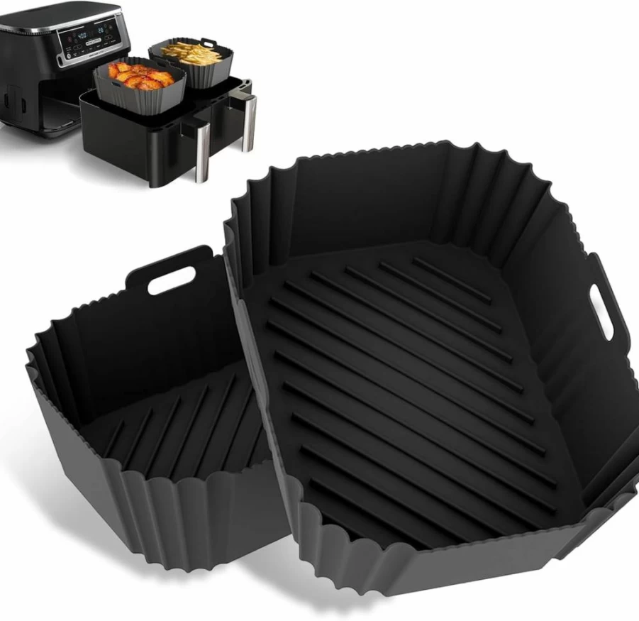 2Pcs Non-Stick Silicone Air Fryer Liners by CEGOUT - Compatible with Ninja DZ201, DZ401, DZ550 (8-10 Qt) & Cosori 2 Basket Air Fryers, Reusable Baking Tray Accessories for Easy Cleaning