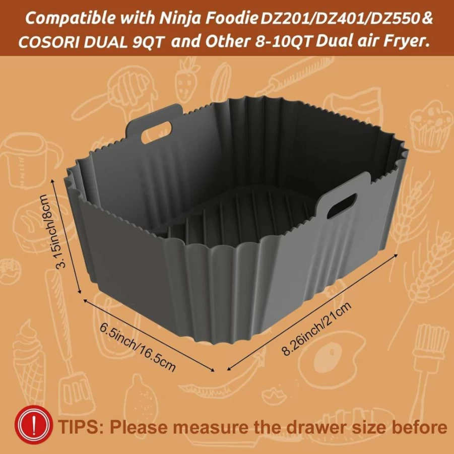 2Pcs Non-Stick Silicone Air Fryer Liners by CEGOUT - Compatible with Ninja DZ201, DZ401, DZ550 (8-10 Qt) & Cosori 2 Basket Air Fryers, Reusable Baking Tray Accessories for Easy Cleaning