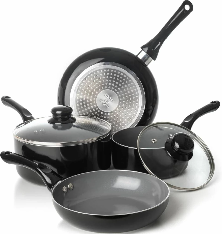 Moss & Stone 6-Piece Nonstick Cookware Set with Glass Lids, Induction Compatible Black Pots and Pans Set, PTFE/PFOA-Free Coating, Stay-Cool Handles, Includes Frying Pans & Saucepan