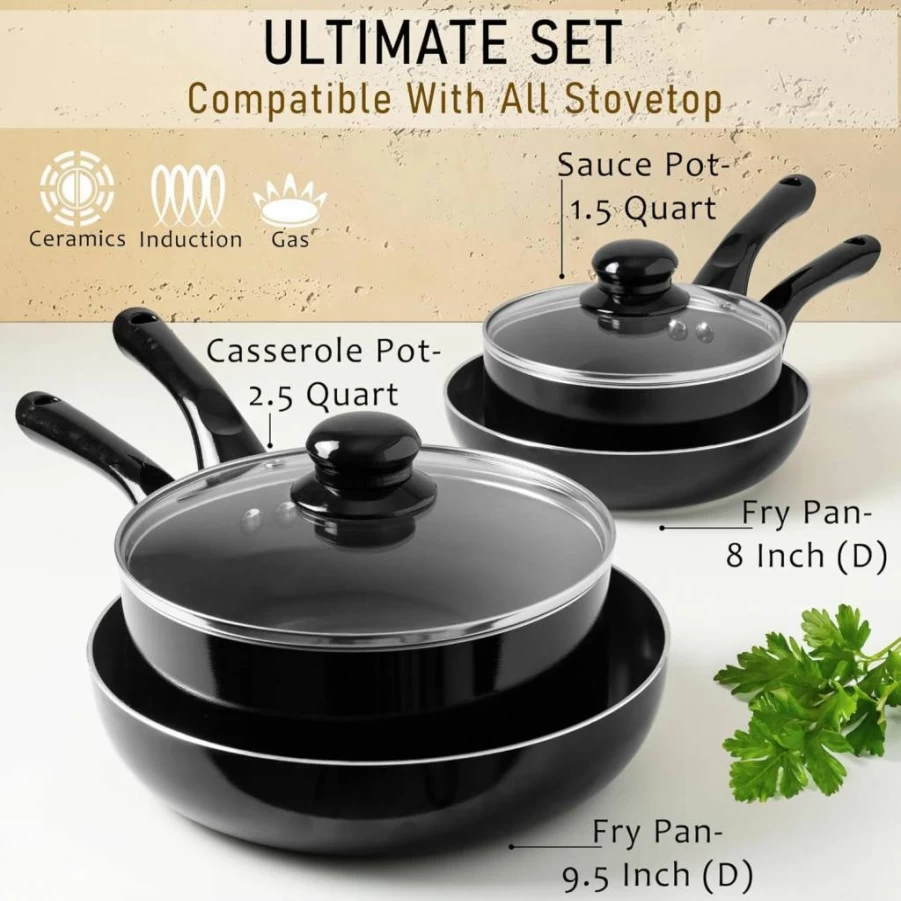 Moss & Stone 6-Piece Nonstick Cookware Set with Glass Lids, Induction Compatible Black Pots and Pans Set, PTFE/PFOA-Free Coating, Stay-Cool Handles, Includes Frying Pans & Saucepan