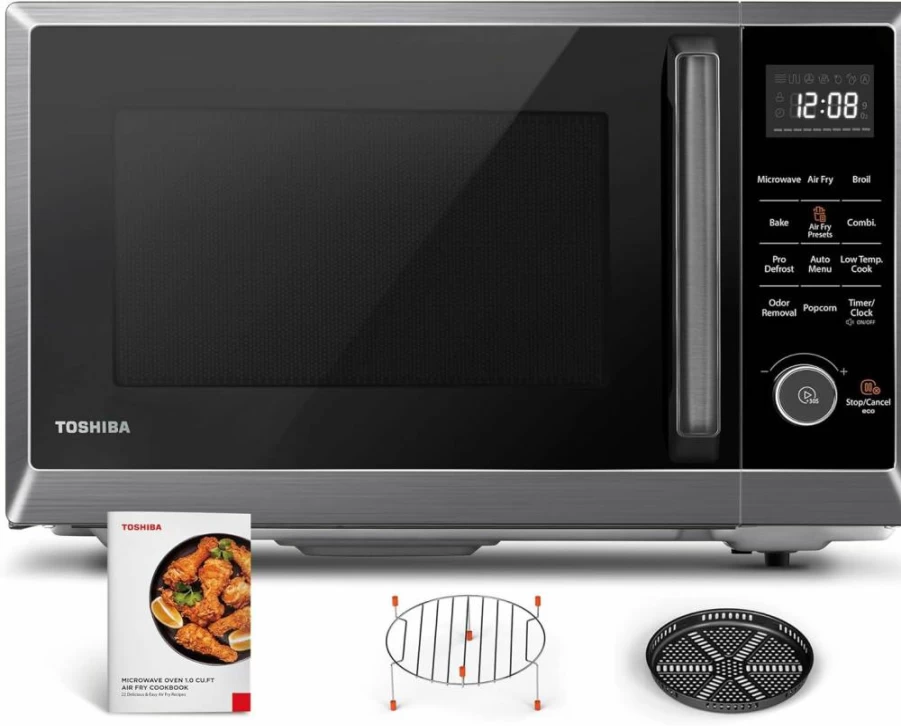 TOSHIBA 1.0 Cu.Ft Black Stainless Steel Air Fryer Microwave Oven Combo - 8-in-1 Countertop Convection Oven with Broil, Odor Removal, Mute Function & 12.4" Position Memory Turntable (ML2-EC10SA-BS)
