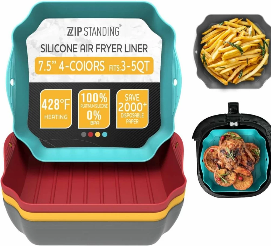 ZIP STANDING Reusable Silicone Air Fryer Liners Set of 4 - 8.5" Square Non-Stick Baking Mats with Handles & Holes for 5-8Qt Air Fryers, Ovens