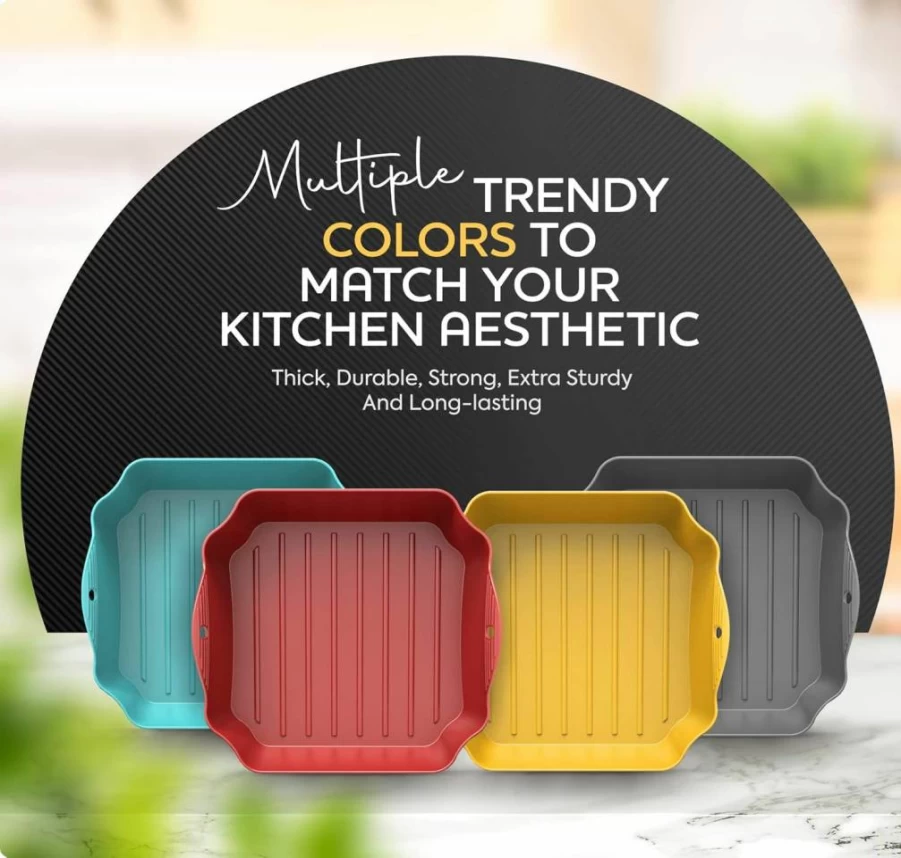 ZIP STANDING Reusable Silicone Air Fryer Liners Set of 4 - 8.5" Square Non-Stick Baking Mats with Handles & Holes for 5-8Qt Air Fryers, Ovens