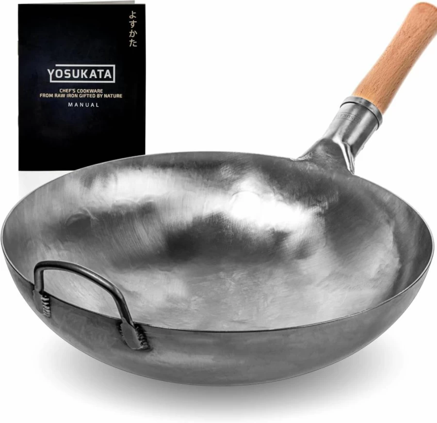 YOSUKATA 13.5" Preseasoned Blue Carbon Steel Wok Pan - Flat Bottom for Induction, Gas, Electric, Ceramic Cooktops & Open Fire - Japanese Traditional Stir Fry Pan for BBQ, Camping, Home Cooking