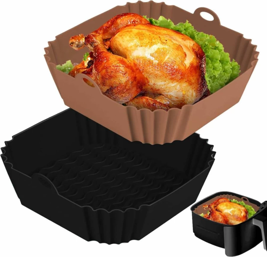 2 Pack Boribim 8 Inch Square Silicone Air Fryer Liners - Reusable Non-Stick Basket Inserts for 4-7 Quart Air Fryers - Microwave Safe Accessories (Red & Blue)