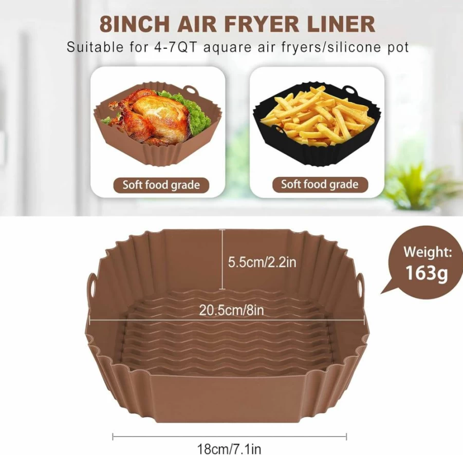 2 Pack Boribim 8 Inch Square Silicone Air Fryer Liners - Reusable Non-Stick Basket Inserts for 4-7 Quart Air Fryers - Microwave Safe Accessories (Red & Blue)