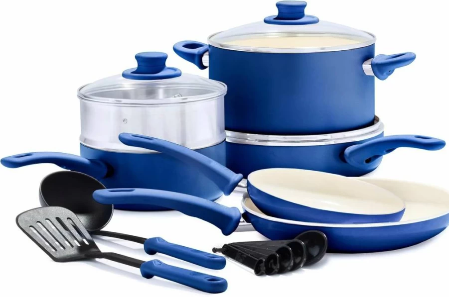 GreenLife Turquoise Nonstick Ceramic Cookware Set - 16-Piece PFAS-Free Pots & Pans, Soft Grip Handles, Dishwasher Safe