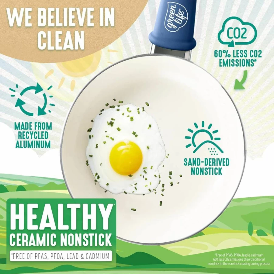 GreenLife Turquoise Nonstick Ceramic Cookware Set - 16-Piece PFAS-Free Pots & Pans, Soft Grip Handles, Dishwasher Safe