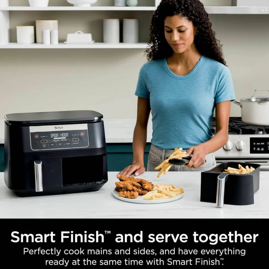 Amazon Renewed Ninja DZ090 6-Quart Dual-Zone Air Fryer with 2 Baskets – Roast, Bake, Dehydrate & Reheat, Energy-Efficient Certified