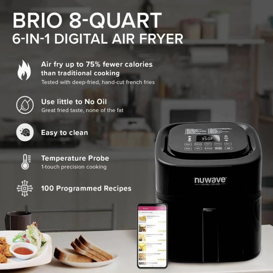 Nuwave Brio Plus 8 Qt Air Fryer with Digital Touch Screen, PFAS-Free, 5 Cook Functions, 100 Presets, 50 Memory, Adjustable Temp 50°F-400°F, 3 Wattage Settings (700W/1500W/1800W)