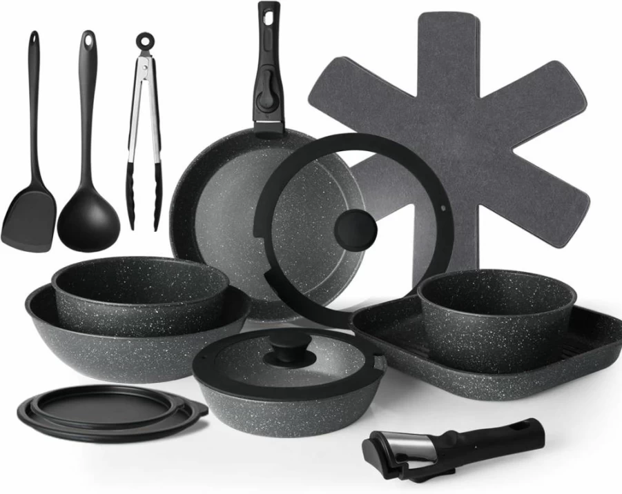 USELUCK 22-Piece Nonstick Ceramic Cookware Set - Black Granite Pots & Pans, PFOS/PFOA-Free, Induction Compatible, Includes 8" Frying Pan with Glass Lids