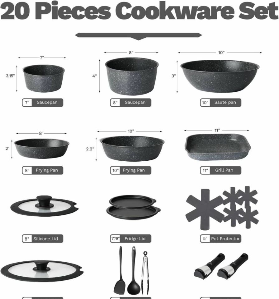 USELUCK 22-Piece Nonstick Ceramic Cookware Set - Black Granite Pots & Pans, PFOS/PFOA-Free, Induction Compatible, Includes 8" Frying Pan with Glass Lids