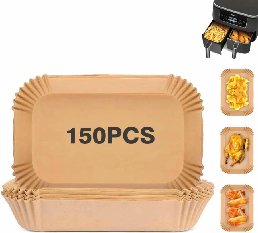 AiQiaoXin Disposable Air Fryer Liners - 150 Pack, Non-Stick Parchment Paper for Baking, Roasting, Frying, Compatible with Ninja Air Fryer, Microwave & Oven Safe, Rectangle Dual Liners