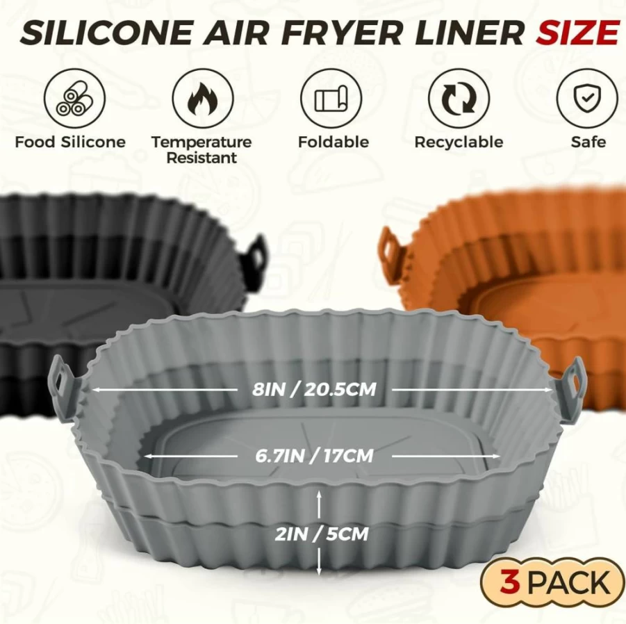 Buauty 3-Pack Reusable 8-Inch Air Fryer Silicone Liners - Food Grade Non-Stick Baking Basket, Eco-Friendly Replacement for Parchment Paper