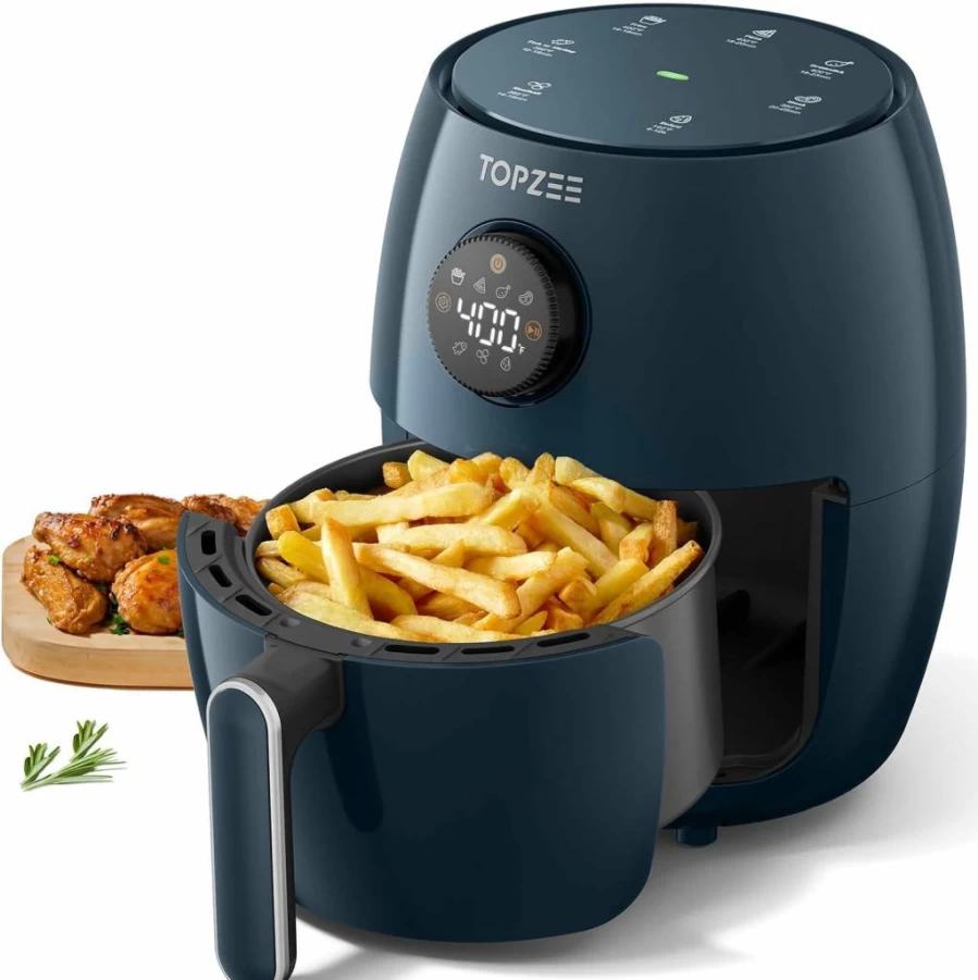 TopZee 2.1Qt Compact Air Fryer, 4-in-1 Mini Air Fryer for Baking, Roasting & Reheating, 98% Less Oil, Adjustable Temp & 60-Min Timer, Quiet, Dishwasher Safe, BPA-Free, Grey