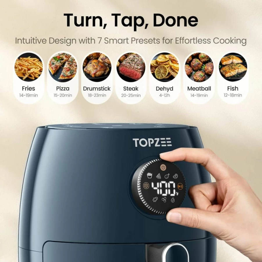 TopZee 2.1Qt Compact Air Fryer, 4-in-1 Mini Air Fryer for Baking, Roasting & Reheating, 98% Less Oil, Adjustable Temp & 60-Min Timer, Quiet, Dishwasher Safe, BPA-Free, Grey