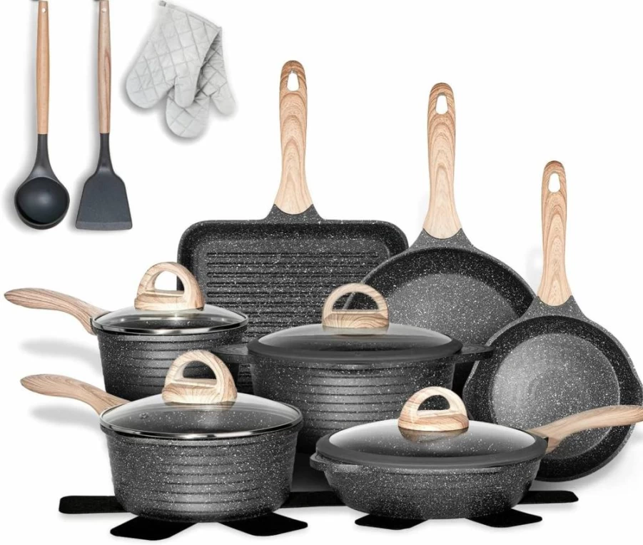 JEETEE Nonstick Cookware Set 20-Piece, Granite Coating Pots and Pans for Induction, Frying Pan, Saucepan, Saute Pan, PFOA Free, Grey Kitchenware