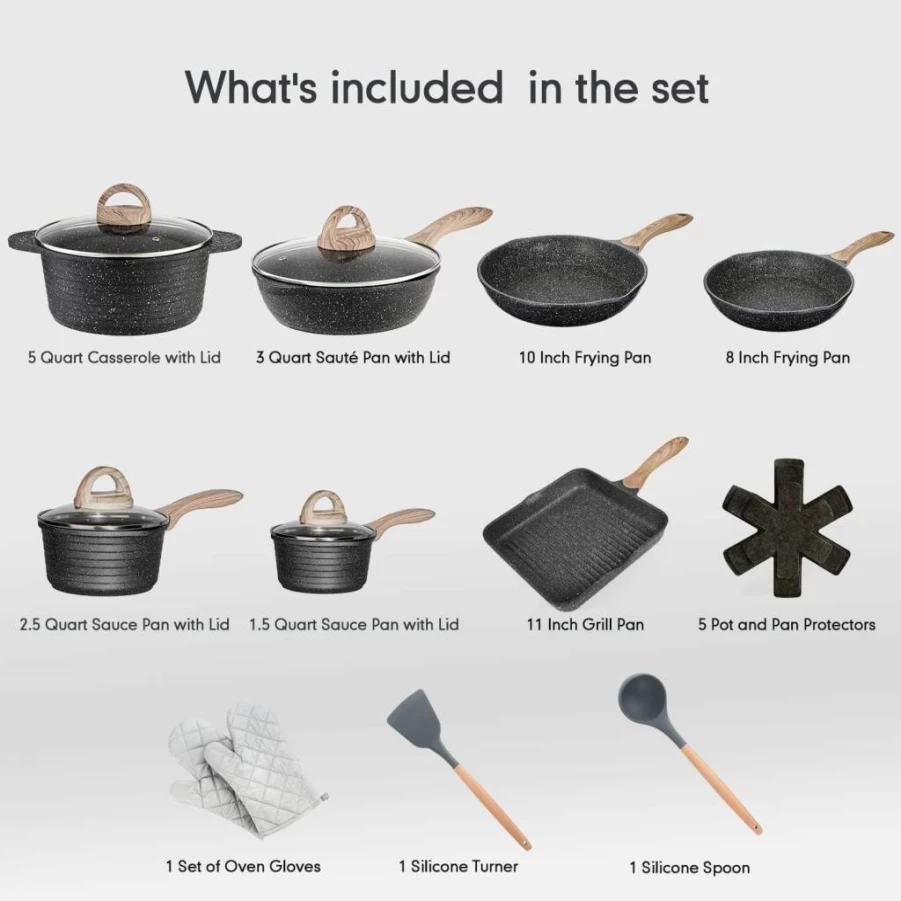 JEETEE Nonstick Cookware Set 20-Piece, Granite Coating Pots and Pans for Induction, Frying Pan, Saucepan, Saute Pan, PFOA Free, Grey Kitchenware
