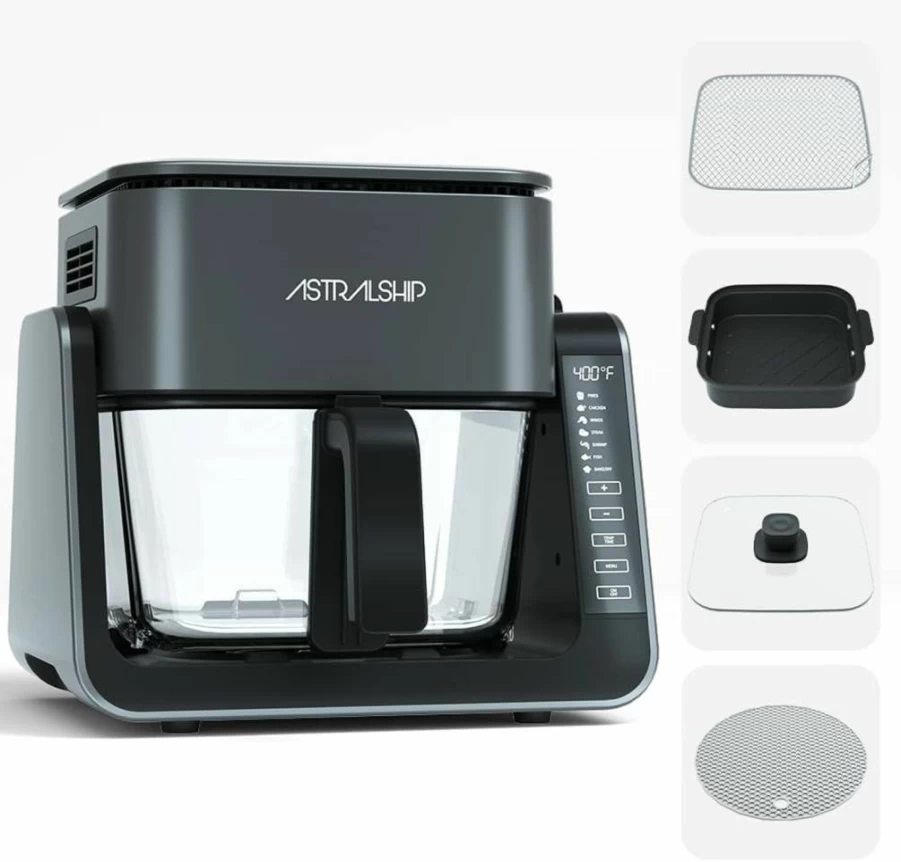 ASTRALSHIP 4.2QT+1.3QT 2-in-1 Glass Air Fryer & Grill Pan Combo, 7 Presets (105°F-450°F), Non-Toxic Non-Stick Coating, Healthy Cooking for Frying, Griddling & Baking, Portable Multi-Function Air Fryer