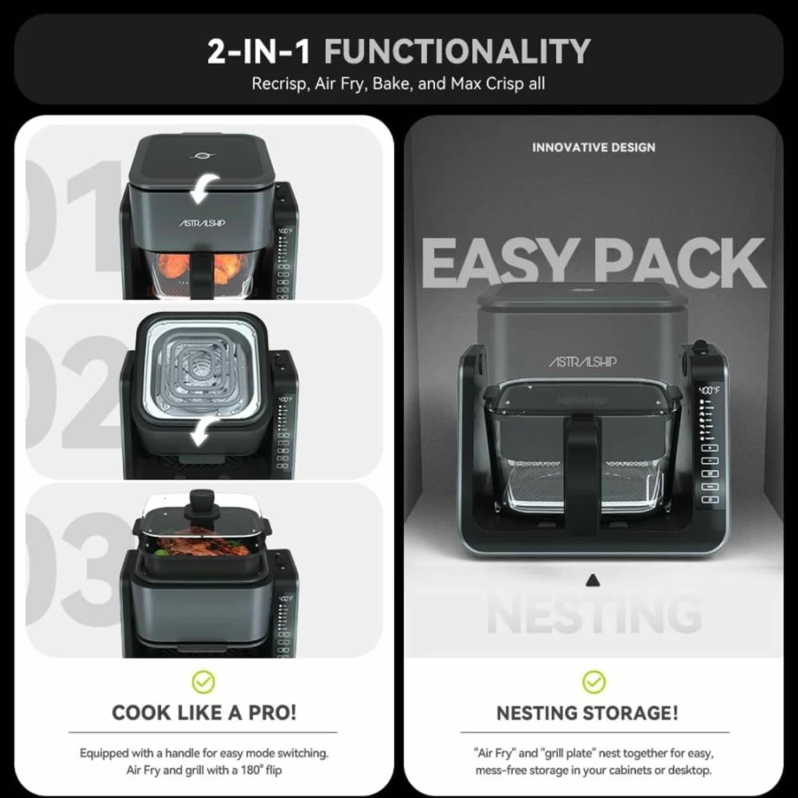 ASTRALSHIP 4.2QT+1.3QT 2-in-1 Glass Air Fryer & Grill Pan Combo, 7 Presets (105°F-450°F), Non-Toxic Non-Stick Coating, Healthy Cooking for Frying, Griddling & Baking, Portable Multi-Function Air Fryer