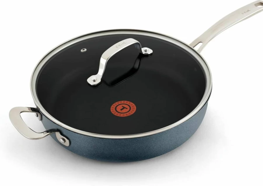 Tefal Nonstick Deep Saute Pan 5 Quart with Glass Lid, Oven & Broiler Safe to 350°F, Dishwasher Safe Black Skillet for Frying, Cooking & Kitchen Use