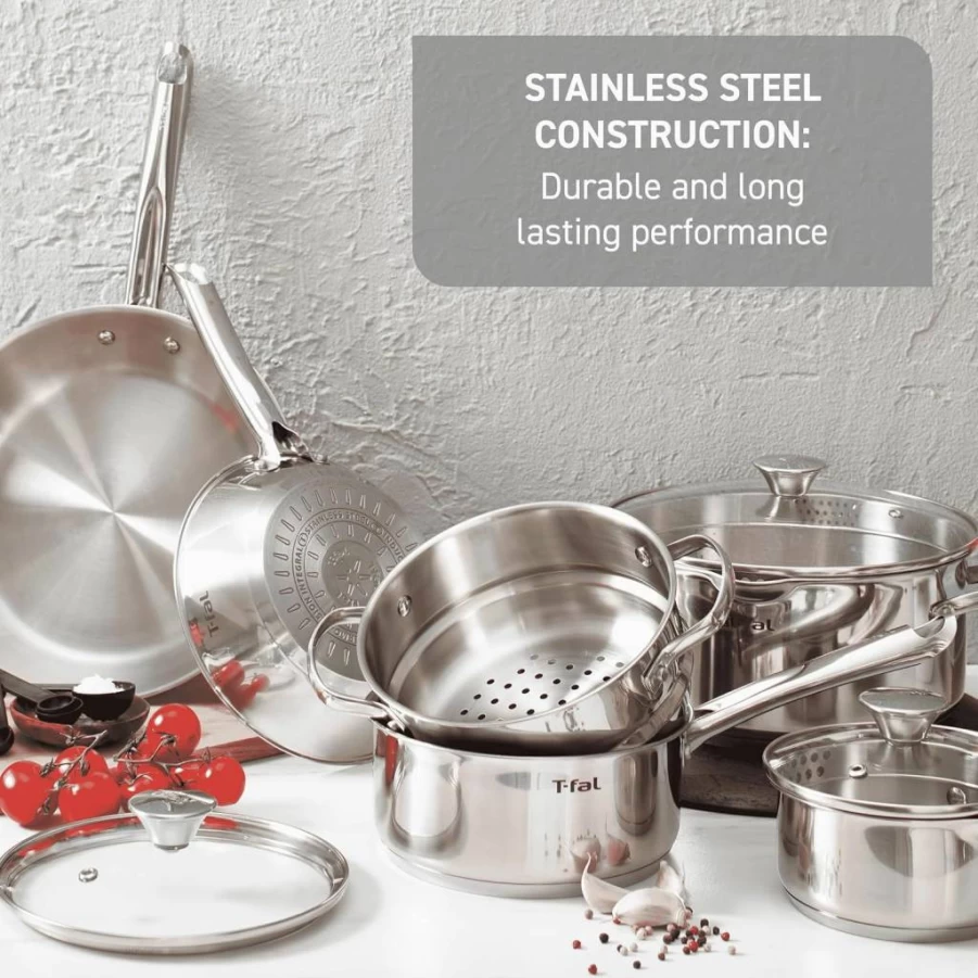 Tefal Platinum 12-Inch Stainless Steel Fry Pan - Induction Compatible, Oven Safe to 500°F, Dishwasher Safe, Silver Cookware for Professional Cooking