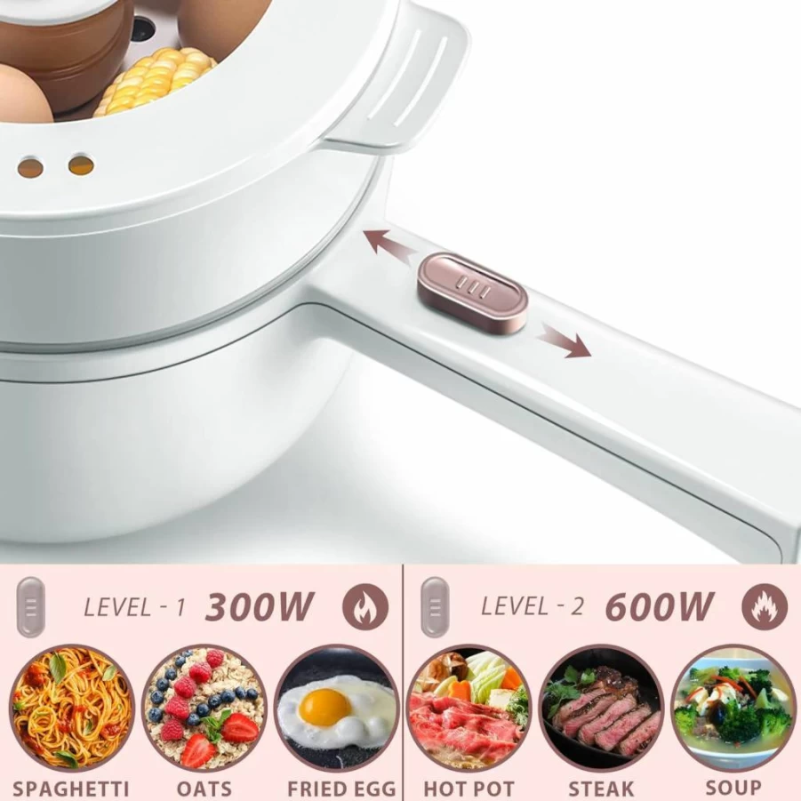 Bar 2L Electric Hot Pot with 1000W Fast Heating, Portable Non-Stick Multi-Cooker for Noodles, Steak, Eggs, Oatmeal & Ramen, Dual Power Adjustment