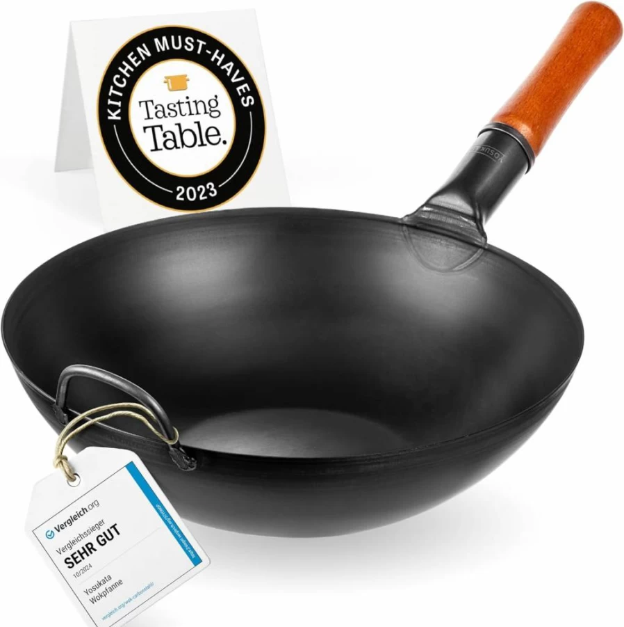 YOSUKATA 13.5" Pre-Seasoned Carbon Steel Wok Pan - Flat Bottom Stir Fry Pan for Induction, Gas, Electric & Open Fire - Japanese Chinese Cookware for BBQ, Grill & Camping