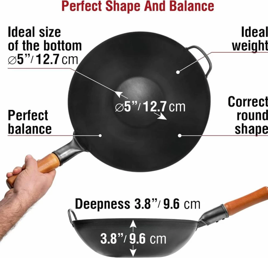 YOSUKATA 13.5" Pre-Seasoned Carbon Steel Wok Pan - Flat Bottom Stir Fry Pan for Induction, Gas, Electric & Open Fire - Japanese Chinese Cookware for BBQ, Grill & Camping