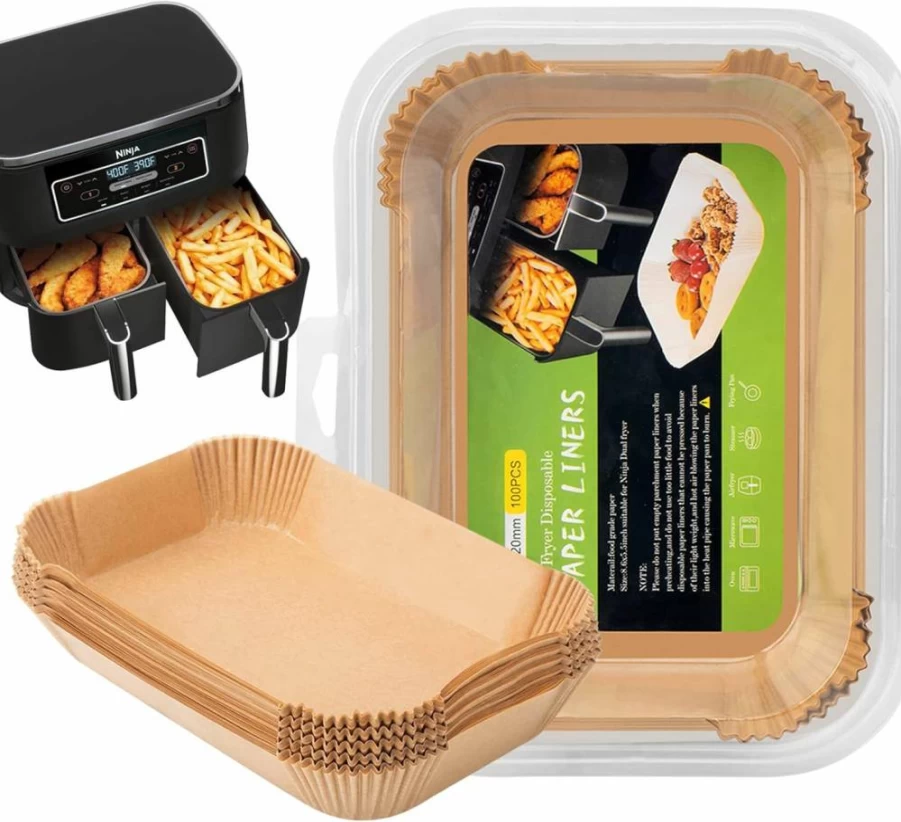 MooManGoo Air Fryer Parchment Paper Liners 8.6" x 5.5" - 100 Disposable Non-Stick Baking Sheets for Air Fryer Accessories, BPA-Free & Pre-Cut Rectangle Liners