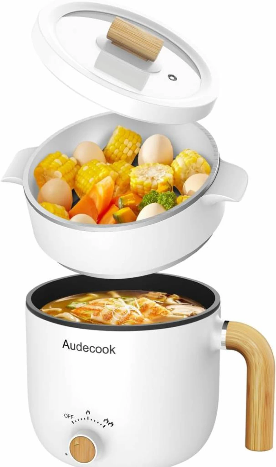 Audecook 1.5L Electric Hot Pot with Steamer, Portable Nonstick Noodle Cooker, Dual Power Control for Pasta, Soup, Steak, Eggs & Oatmeal, Travel-Friendly Skillet (Black)
