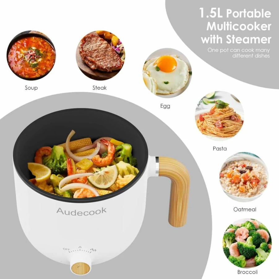Audecook 1.5L Electric Hot Pot with Steamer, Portable Nonstick Noodle Cooker, Dual Power Control for Pasta, Soup, Steak, Eggs & Oatmeal, Travel-Friendly Skillet (Black)