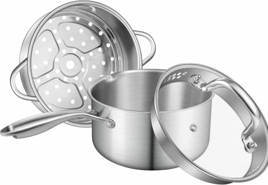 Leetaltree 1.5 Quart Tri-Ply Stainless Steel Saucepan with Strainer Lid, Multipurpose Pot for Cooking Pasta, Noodles, Soup, and Gravies