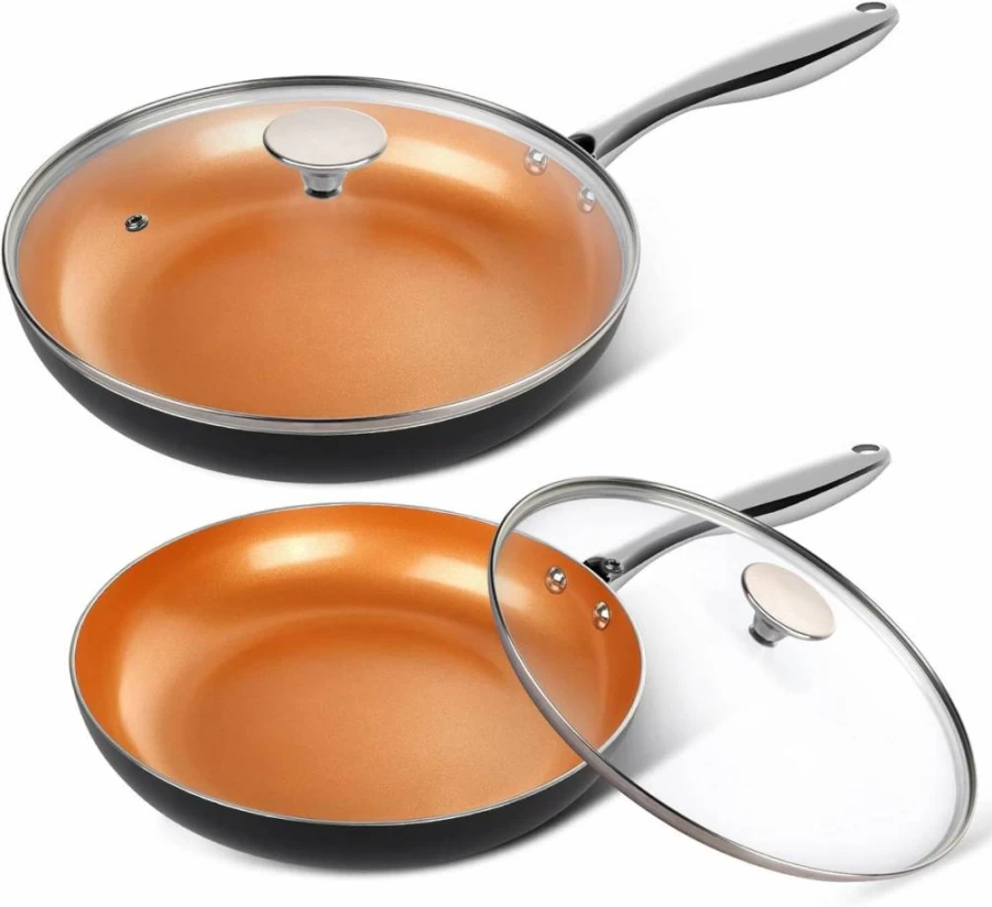 MICHELANGELO 8 Inch Nonstick Frying Pan with Lid, Ceramic Titanium Coating, Copper Small Skillet, PFOA-Free Cookware for Even Heat Distribution
